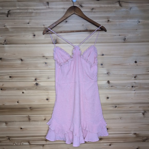 Hello Molly Pink Ruffle V-Neck Mini Dress Crinkle Tiered Flounce Size 6 - Picture 4 of 10